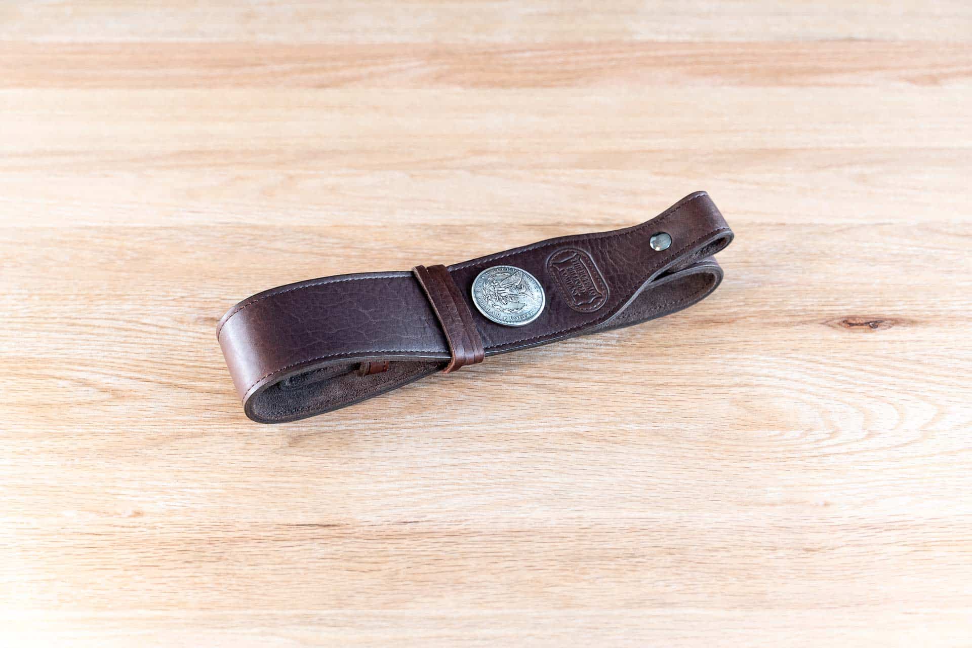 Brown Leather Rifle Sling With Silver Dollar And Black Rivets - Made In Usa Brown Leather Rifle Sling With Silver Dollar And Black Rivets - Made In Usa