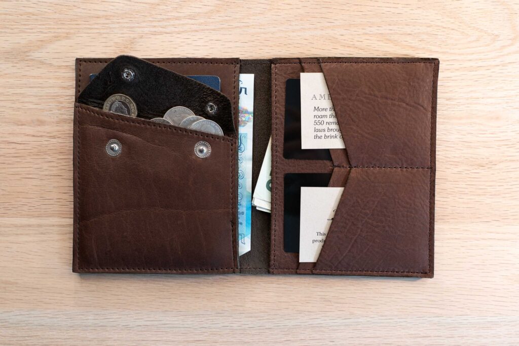 Inside The Brown Wallet Is A Large Coin Pouch That Closes With Two Metal Snaps.