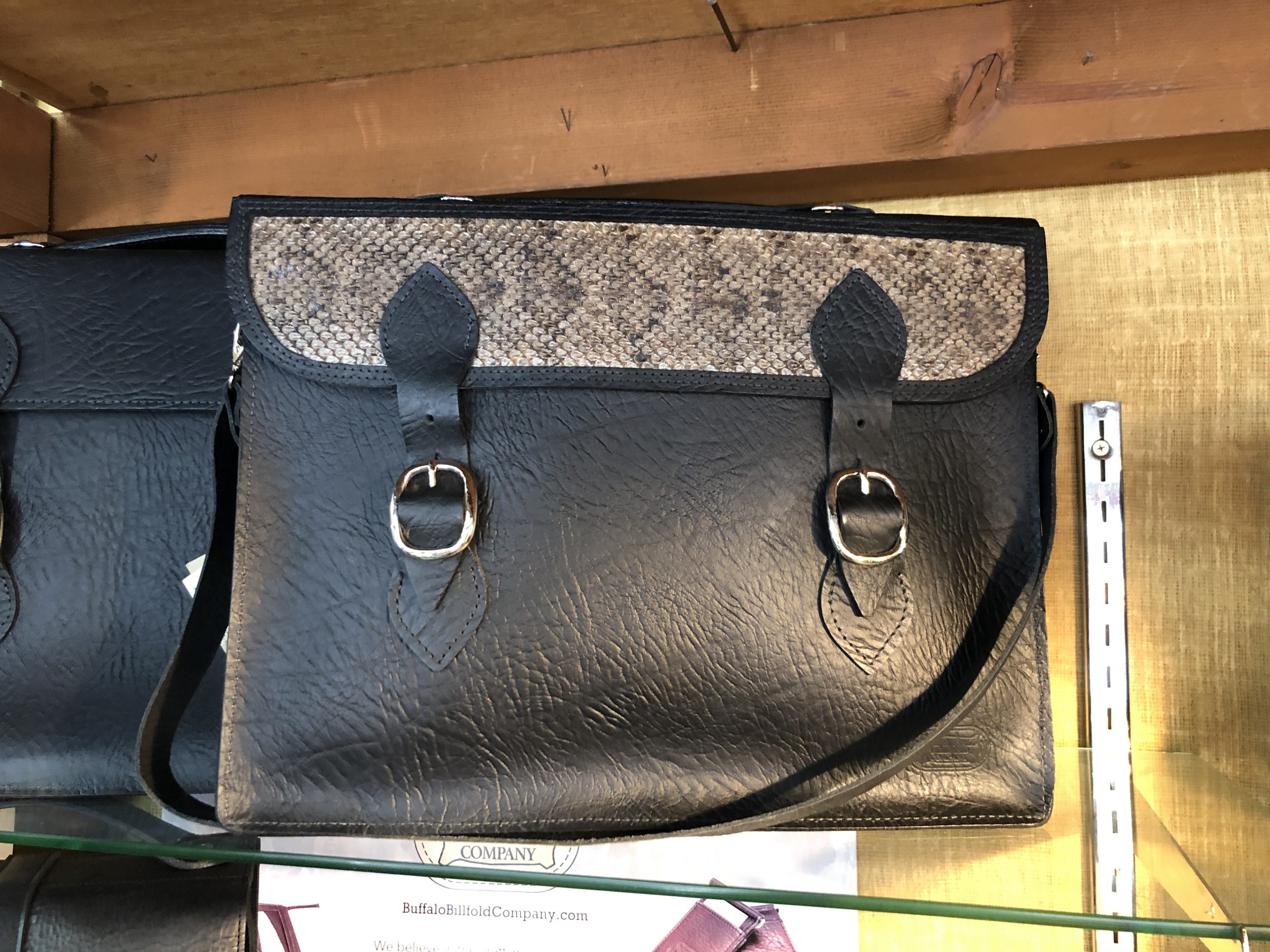 Mens-Leather-Briefcase-Prairie-Rattlesnake-Black Leather Attache Briefcase With Prairie Rattlesnake