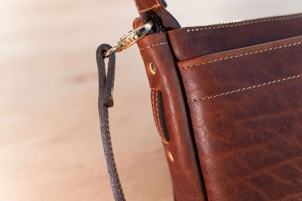 Buffalo Leather Crossbody Purse - American Chestnut Red - Strap with Detachable Brass Clips