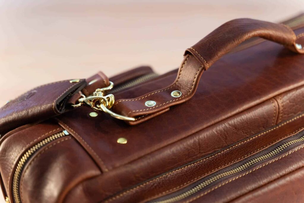 Leather Handle Attached With Strong Brass Rivets Leather Handle Attached With Strong Brass Rivets