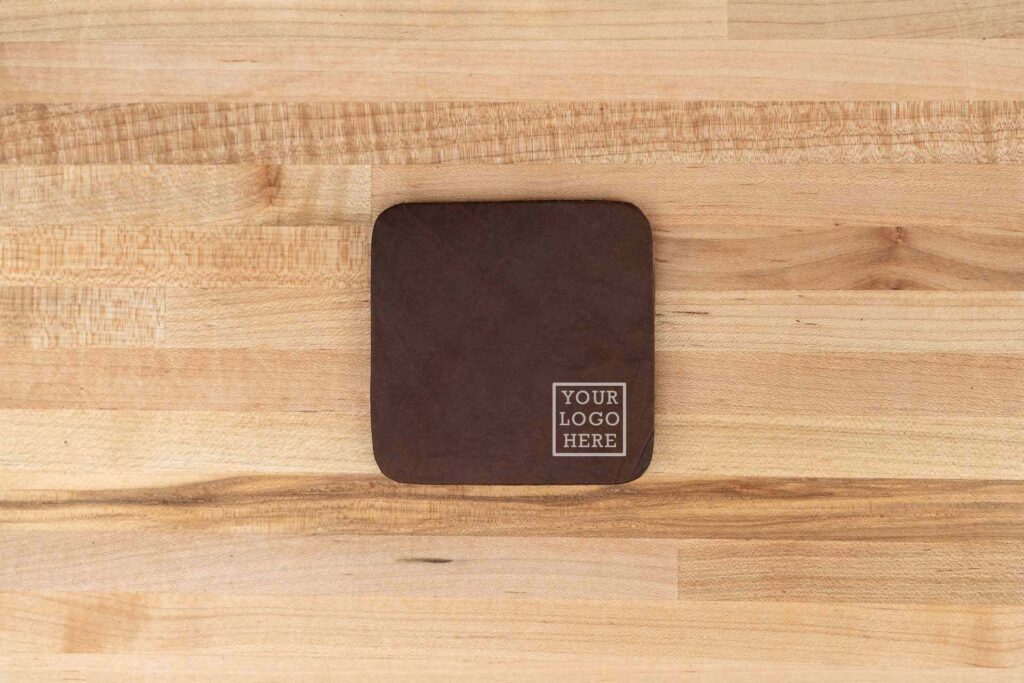 Debossed Custom Logo On Each Square Leather Coaster.