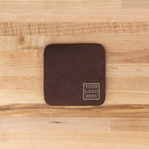 Debossed custom logo on each square leather coaster.