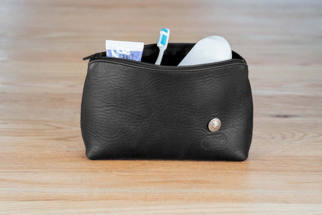 Toiletries In Black Leather Dopp Kit Toiletries In Black Leather Dopp Kit