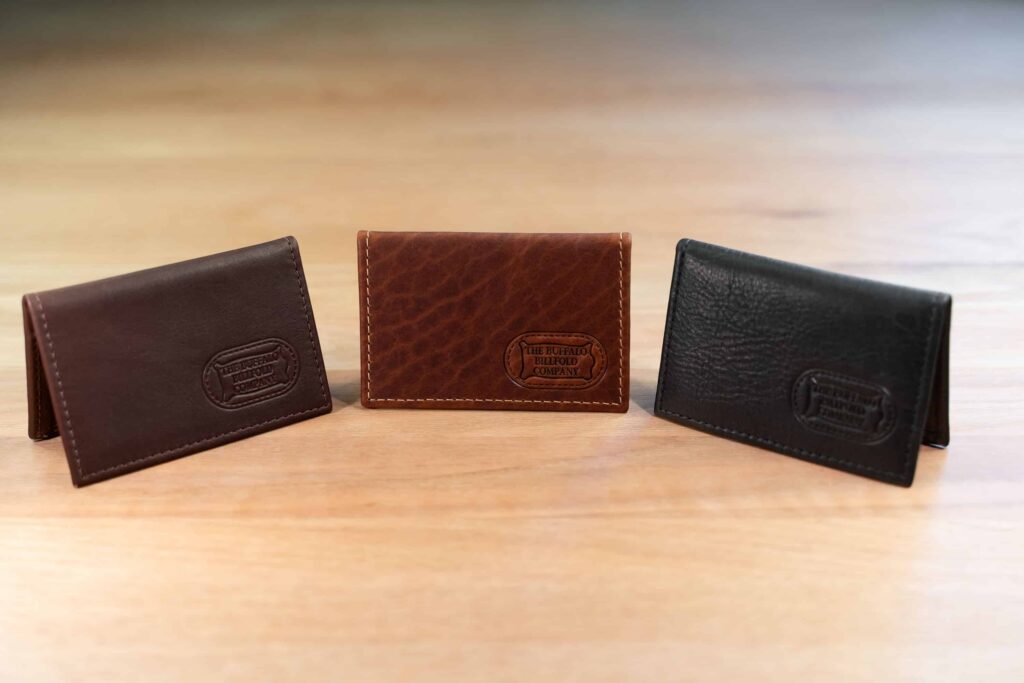 Bifold Leather Card Holder With Id Window Made In Usa From Brown, American Chestnut And Black American Bison, Full-Grain Leather. Bifold Leather Card Holder With Id Window Made In Usa From Brown, American Chestnut And Black American Bison, Full-Grain Leather.