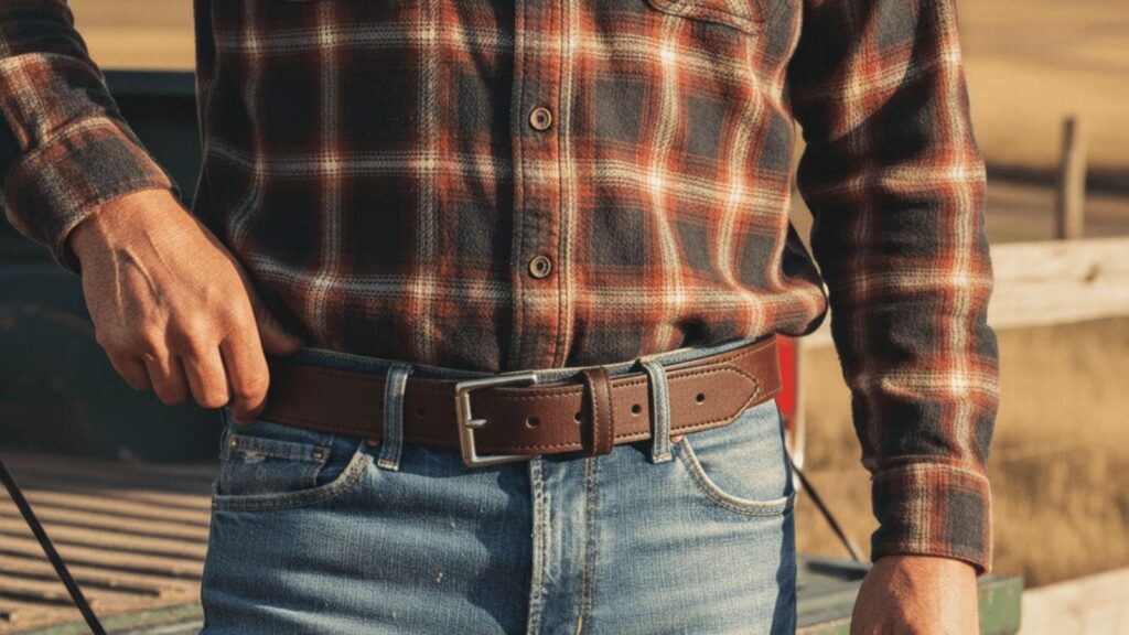 Man In Flannel Shirt Wearing A Brown Bison Leather Belt Man In Flannel Shirt Wearing A Brown Bison Leather Belt
