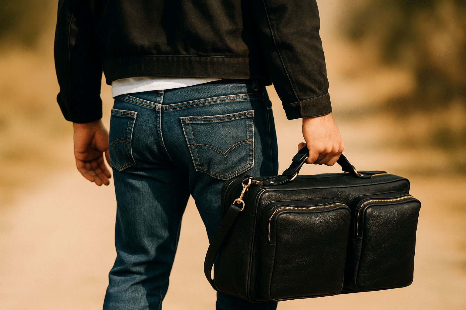 Man Carrying Black Leather Flight Bag Man Carrying Black Leather Flight Bag