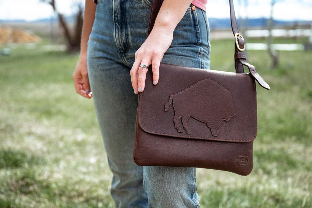Crossbody Bison Leather Purse - Brown - Bison Appliqué - Made in USA