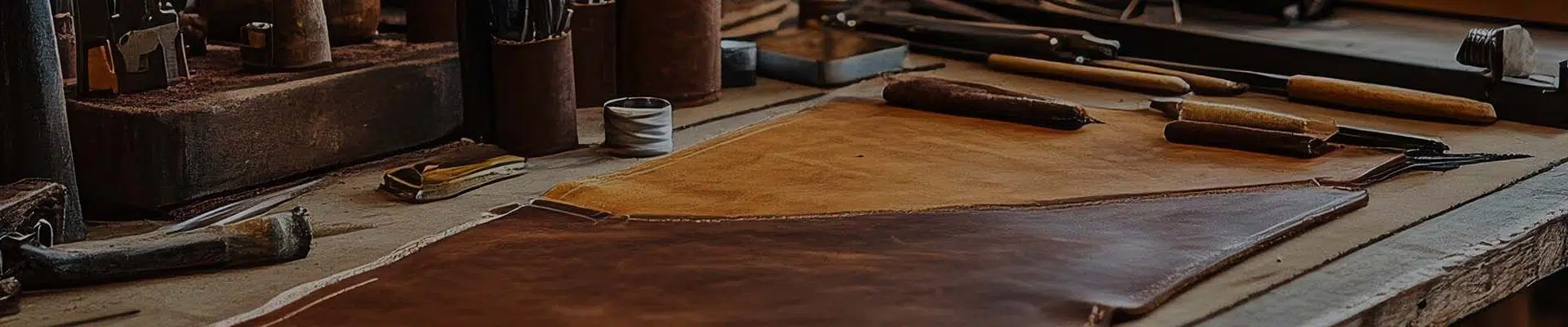 A leather workbench with tools and leather